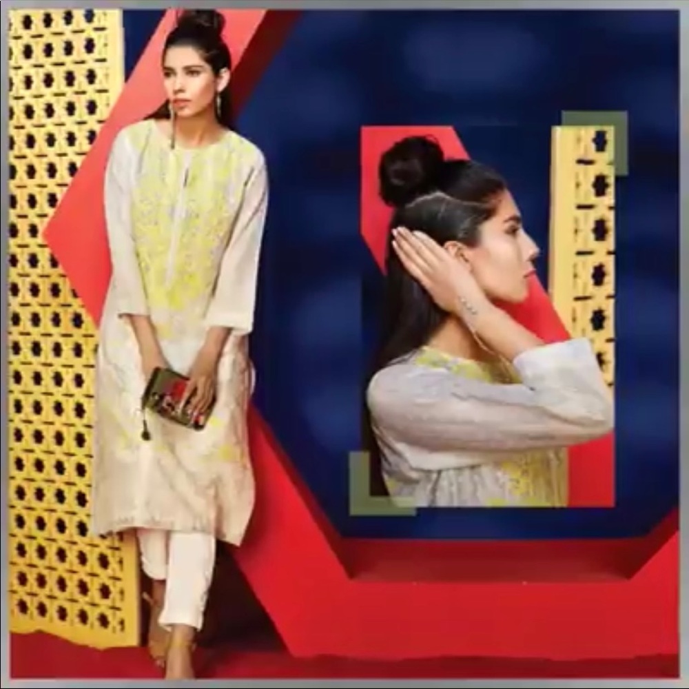 Pakistani Khaadi Gray Kurta with Yellow embriodery